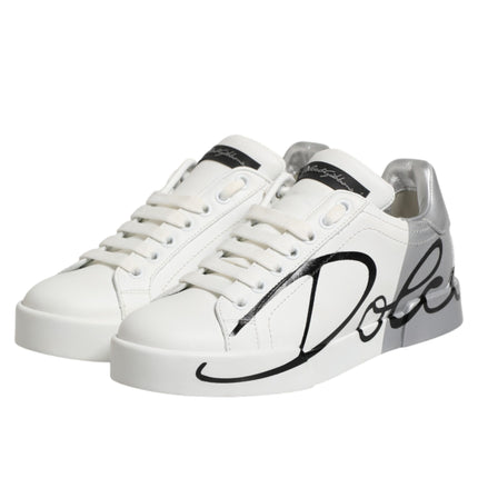 Dolce & Gabbana White Gray Low Top Leather Sneaker Shoes