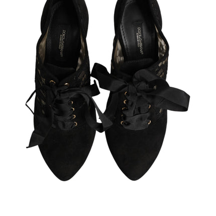 Dolce & Gabbana Black Floral High Heels LACE-UPS Pumps Shoes