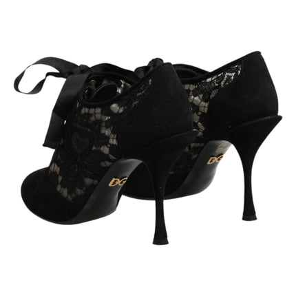 Dolce & Gabbana Black Floral High Heels LACE-UPS Pumps Shoes