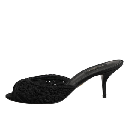 Dolce & Gabbana Black Embroidered Slip On Heels Slides Shoes