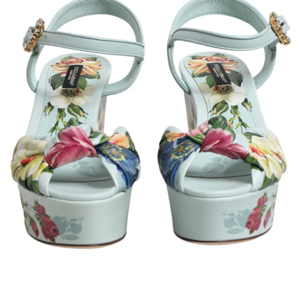 Dolce & Gabbana Green Floral Ankle Strap Wedge Sandals Shoes