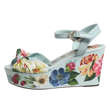 Dolce & Gabbana Green Floral Ankle Strap Wedge Sandals Shoes