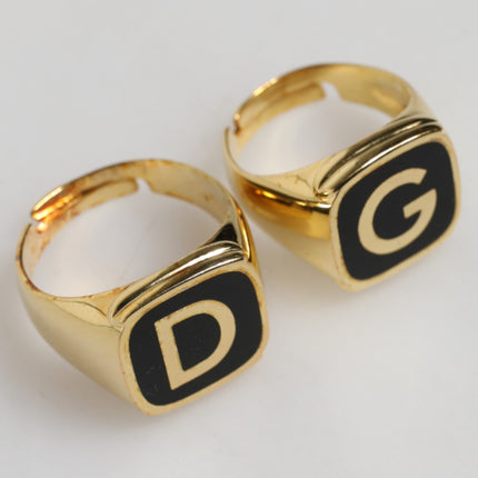 Dolce & Gabbana Gold-Tone Real Brass Black Enamel "DG" Adjustable Rings
