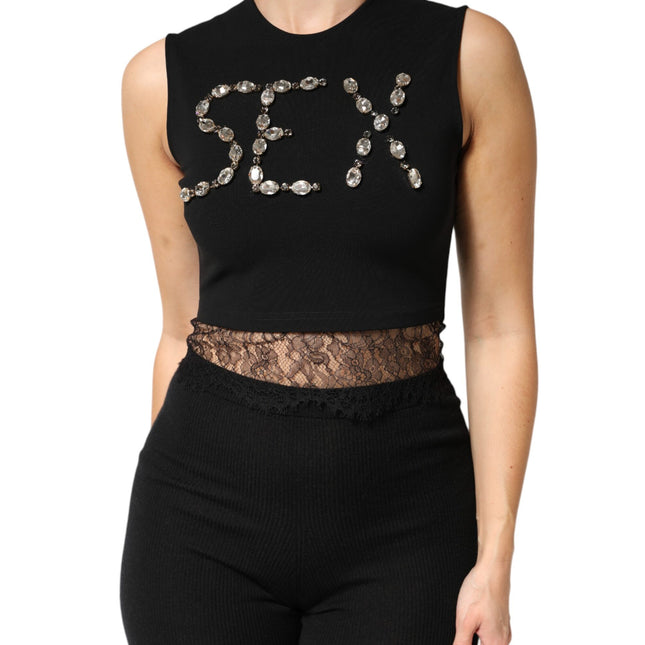 Dolce & Gabbana Black Jersey Lace Ruching Rhinestone Tank Top