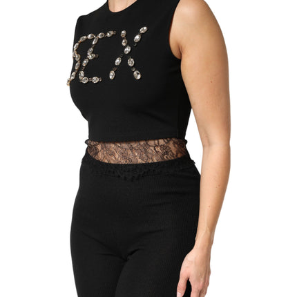 Dolce & Gabbana Black Jersey Lace Ruching Rhinestone Tank Top