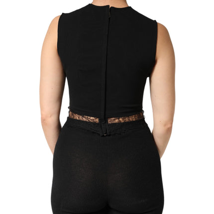 Dolce & Gabbana Black Jersey Lace Ruching Rhinestone Tank Top