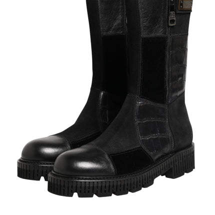 Dolce & Gabbana Black Patchwork Leather Mid Calf Boot  Shoes