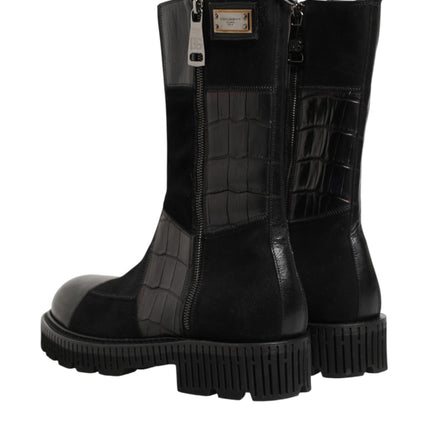 Dolce & Gabbana Black Patchwork Leather Mid Calf Boot  Shoes