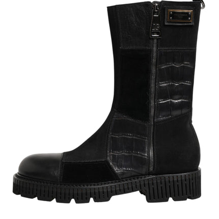 Dolce & Gabbana Black Patchwork Leather Mid Calf Boot  Shoes