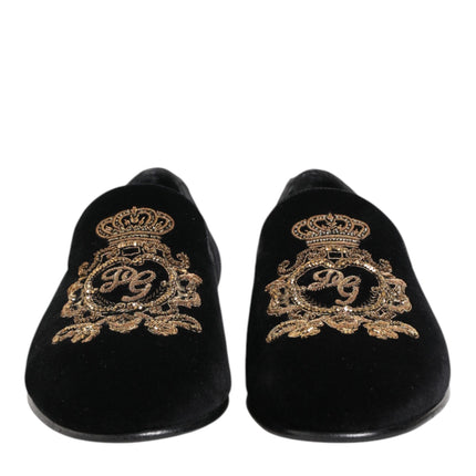 Dolce & Gabbana Black Velvet Gold Crown Mens Loafers Shoes