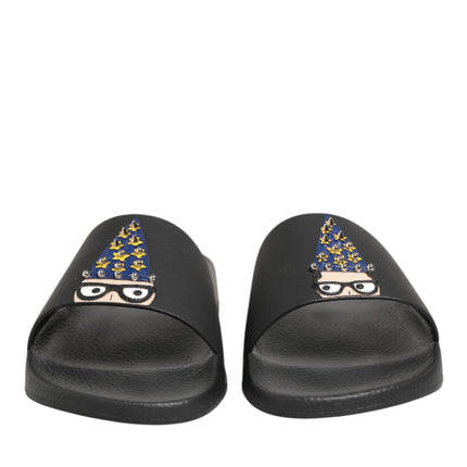 Dolce & Gabbana Black Leather Slides Sandals Beachwear Shoes