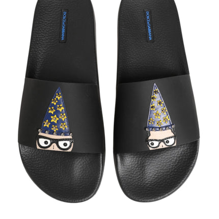 Dolce & Gabbana Black Leather Slides Sandals Beachwear Shoes