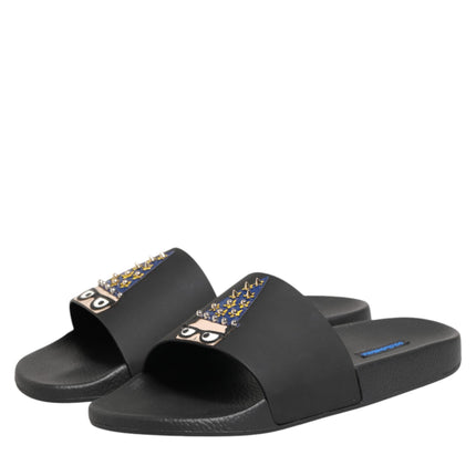 Dolce & Gabbana Black Leather Slides Sandals Beachwear Shoes