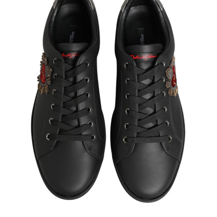 Dolce & Gabbana Black Leather Heart Embellished Sneakers Shoes
