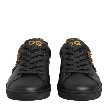 Dolce & Gabbana Black Leather Heart Embellished Sneakers Shoes