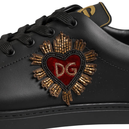 Dolce & Gabbana Black Leather Heart Embellished Sneakers Shoes