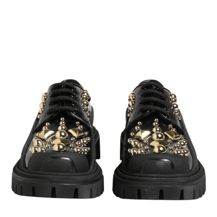 Dolce & Gabbana Black Leather Jeweled Crystals Derby Shoes