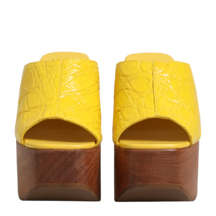 Dolce & Gabbana Yellow Leather Wood Mule Wedge Slides Shoes