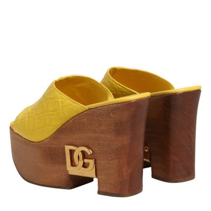Dolce & Gabbana Yellow Leather Wood Mule Wedge Slides Shoes