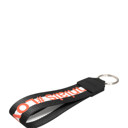 Dolce & Gabbana Black Logo Polyester Silver Brass Holder Keychain Keyring