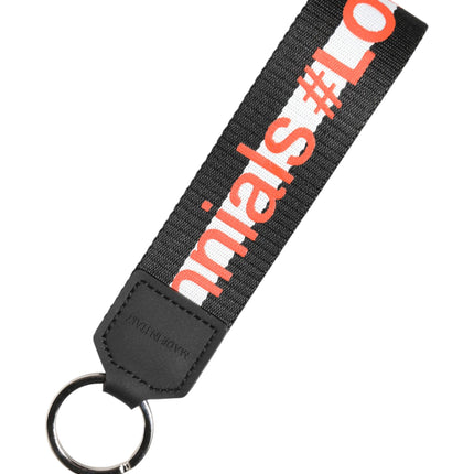 Dolce & Gabbana Black Logo Polyester Silver Brass Holder Keychain Keyring