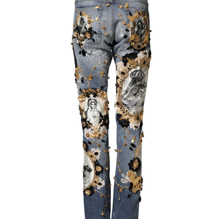 Dolce & Gabbana Blue Ripped Embellished Cotton Denim Jeans