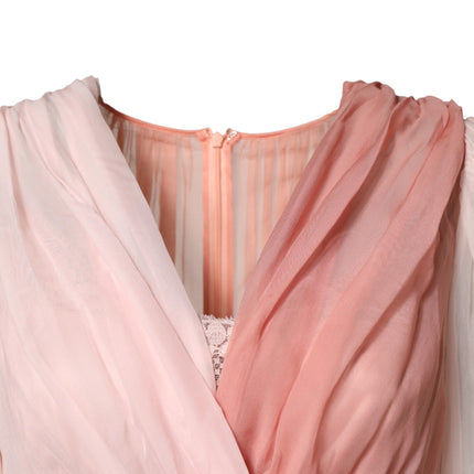 Dolce & Gabbana Pink Silk Tulle Long Sleeve V-neck Dress