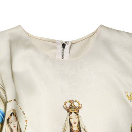 Dolce & Gabbana Beige Madonne Print Silk Short Sleeve Dress