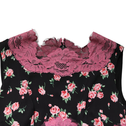 Dolce & Gabbana Black Pink Floral Lace Silk Sheath Dress