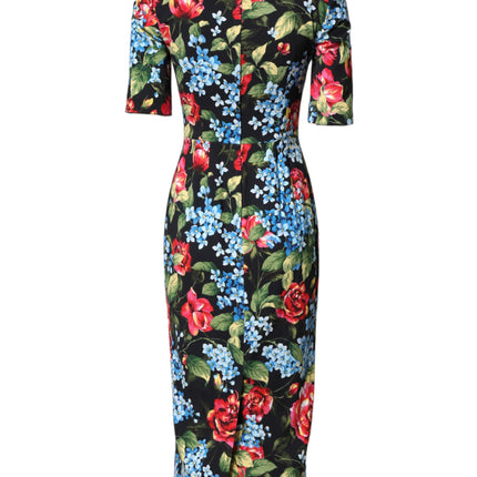 Dolce & Gabbana Black Floral Print Viscose Sheath Midi Dress