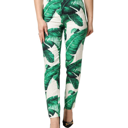 Dolce & Gabbana White Green Leaf High Waist Trousers Pants