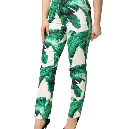 Dolce & Gabbana White Green Leaf High Waist Trousers Pants