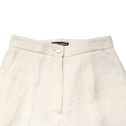 Dolce & Gabbana White Cotton Floral Brocade Dress Pants
