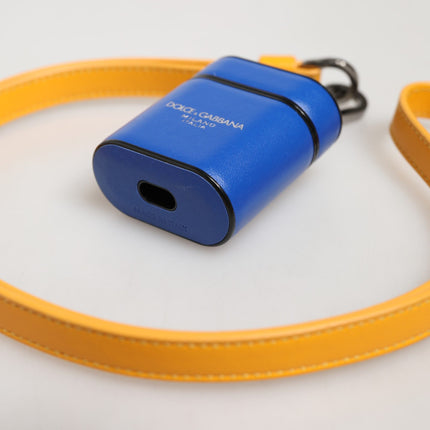 Dolce & Gabbana Blue Yellow Calfskin Leather Logo Strap Men Airpods Case