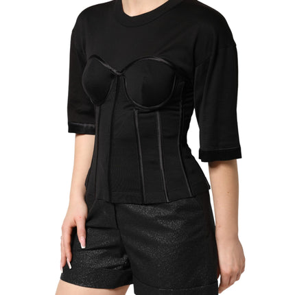 Dolce & Gabbana Black Cotton Bustier Corset Short Sleeves T-shirt