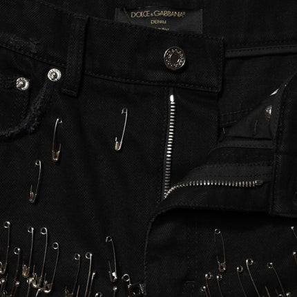 Dolce & Gabbana Black Pins Cotton Denim Hot Pants Shorts