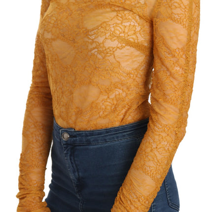 Mangano Mustard Turtle Neck Long Sleeve Lace Top Blouse
