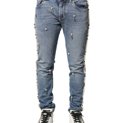 Dolce & Gabbana Blue Embellished Cotton Skinny Denim Jeans