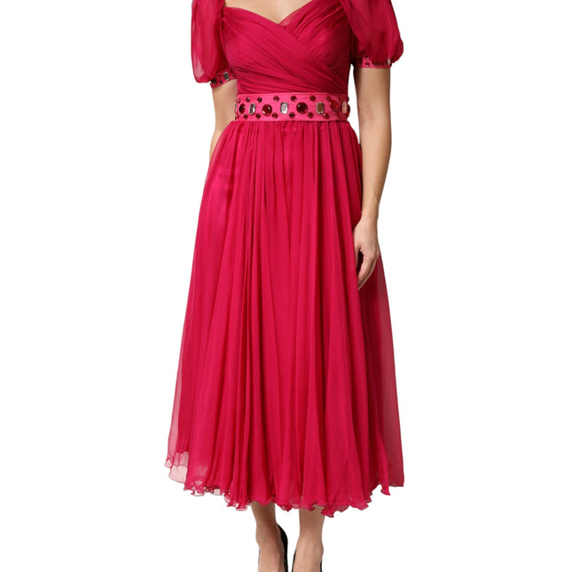 Dolce & Gabbana Pink Silk Embellished A-line Midi Dress