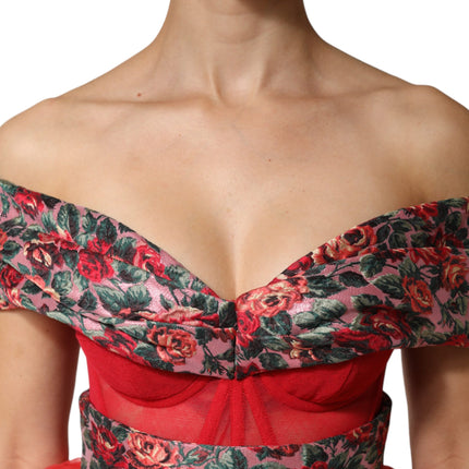 Dolce & Gabbana Red Floral Off Shoulder A-line Gown Dress