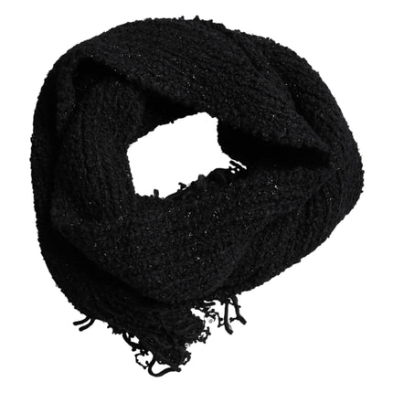 Dolce & Gabbana Black Wool Fringes Neck Wrap Foulard Scarf