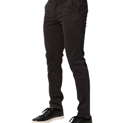 Sun68 Dark Brown Cotton Stretch Skinny Mid Waist Men Trouser Pants