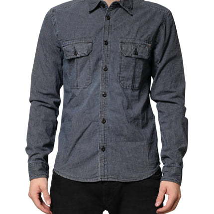 Jack & Jones Blue White Button Down Long Sleeves Men Denim Shirt