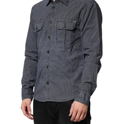 Jack & Jones Blue White Button Down Long Sleeves Men Denim Shirt