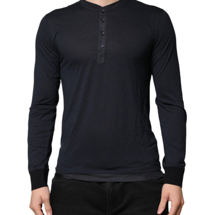 Dolce & Gabbana Dark Blue Cotton Henley Long Sleeves T-Shirt