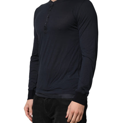 Dolce & Gabbana Dark Blue Cotton Henley Long Sleeves T-Shirt