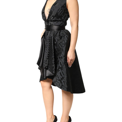 John Richmond Black Jacquard Deep V-neck Sleeveless 2 Pc Dress