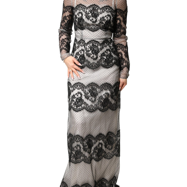 Dolce & Gabbana Black White Lace Silk Blend MaxiSheath Dress