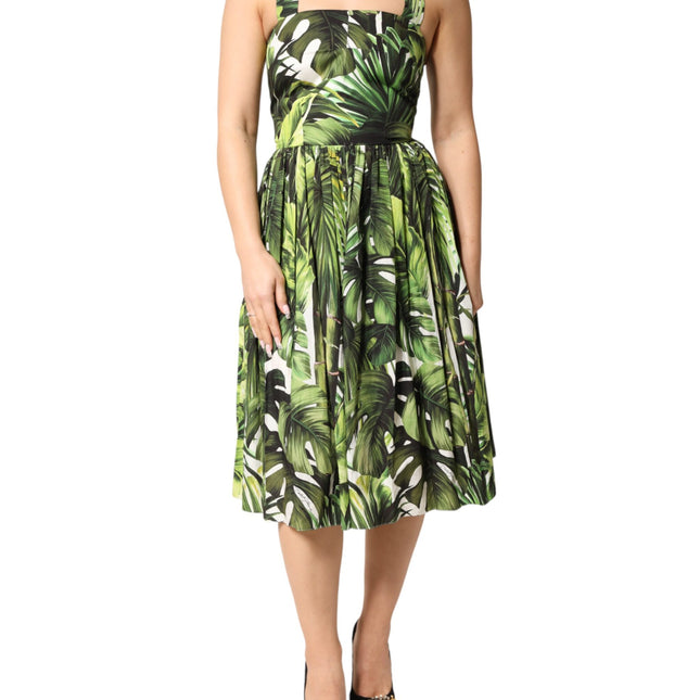 Dolce & Gabbana Green Leaves Print Cotton Halter Midi Dress