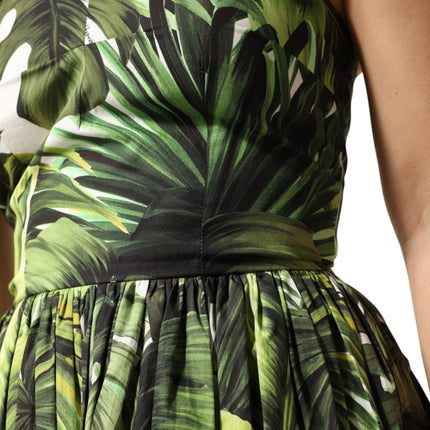 Dolce & Gabbana Green Leaves Print Cotton Halter Midi Dress